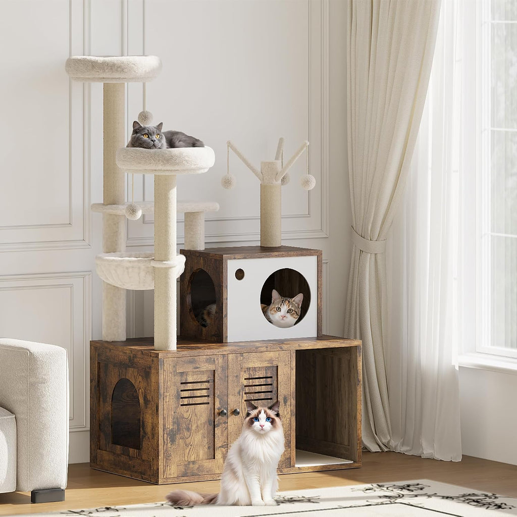 Cat Litter Box Enclosure with Tree Tower and Condo, Hidden Pet Washroom Furniture with Sisal Scratching Post, Hammocks