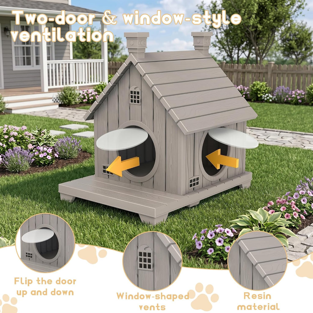 Outdoor Cat House Weatherproof 1-Story Durable Resin, Grey