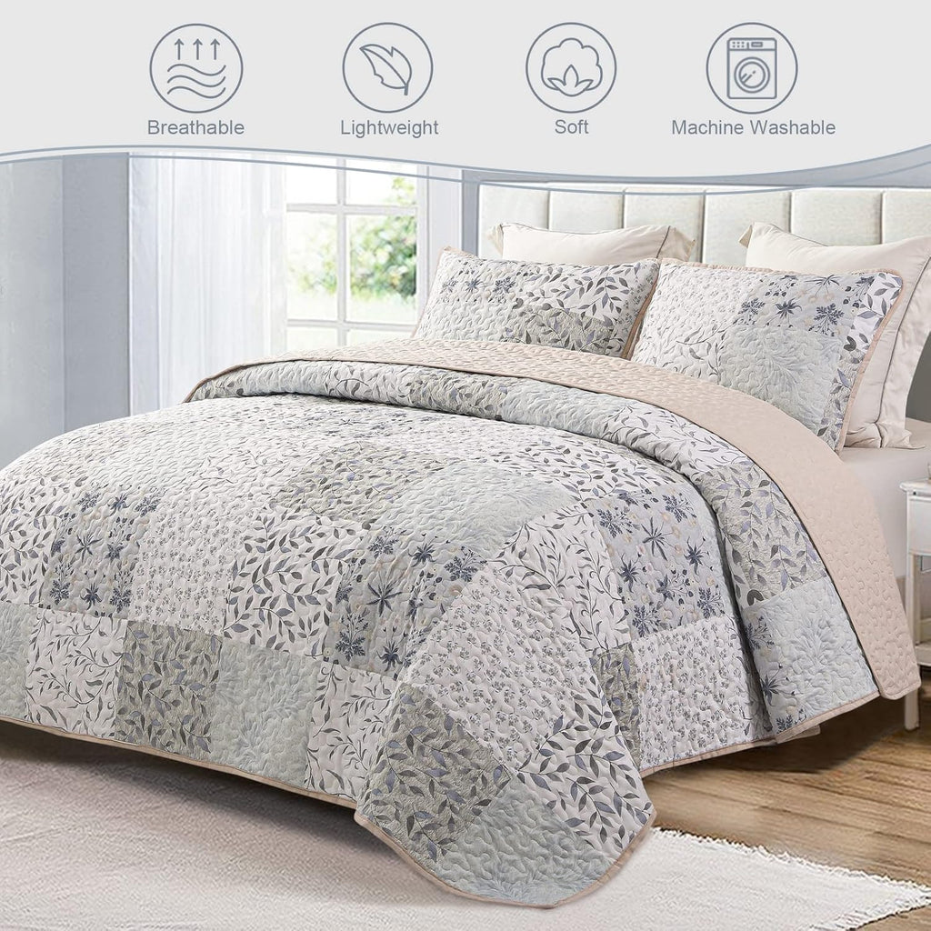 Reversible Boho Quilts Queen, Gray Soft Bedspreads Lightweight Coverlet All Season Patchwork Quilt Bedding Set with