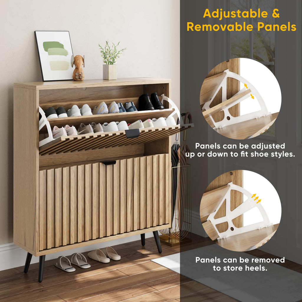 Shoe Cabinet with 2 Flip Drawers, 31.5" Natural Hidden Shoe Storage Cabinet with Fluted Design, Freestanding Shoe