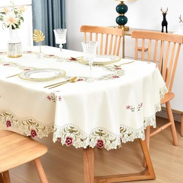 Jacquard Floral Oval Tablecloth Little Rose Embroidered Lace Beige Table Cover Dining Kitchen Decor 