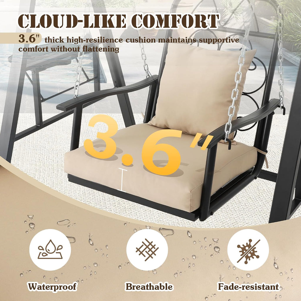 Outdoor Porch Swing with Stand, 350lbs Capacity, Height Adjustment | 1 Seat, Heavy-Duty Metal Frame, Cup Holders