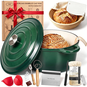 Enameled Cast Iron Dutch Oven Pot with Lid 6QT, Sourdough Bread Baking Supplies with Banneton Bread Proofing Basket
