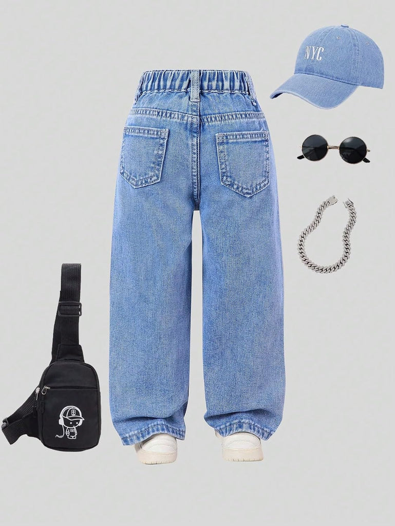 Toddler Girl's Wide Leg Elastic Waist Button Baggy Jeans