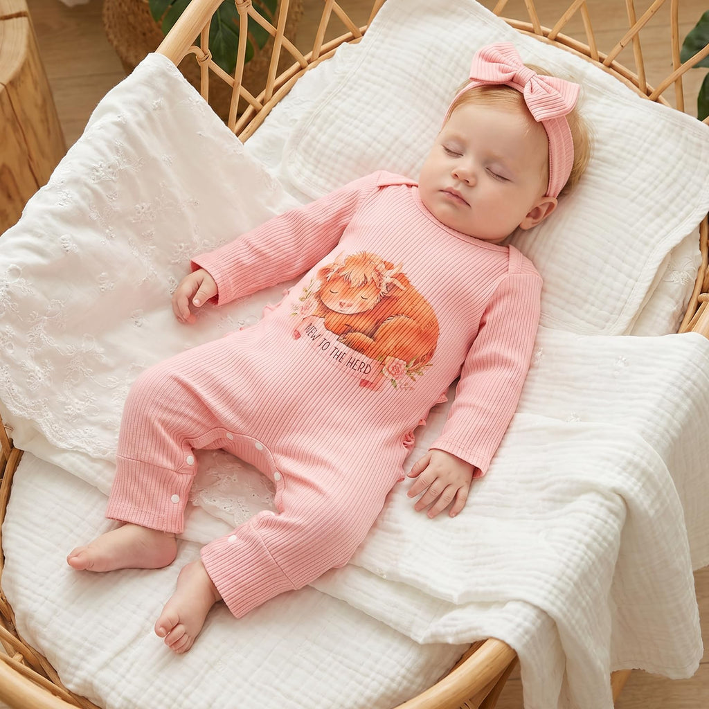 Newborn Baby Girl Clothes Western Cowgirl Jumpsuit Ribbed Knit Romper One Piece Coming Home From Hospital Outfit (B