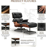 Mid-Century Modern Lounge Chair & Ottoman — Black Bonded Grain Leather, Walnut Base, Wide Tall Back