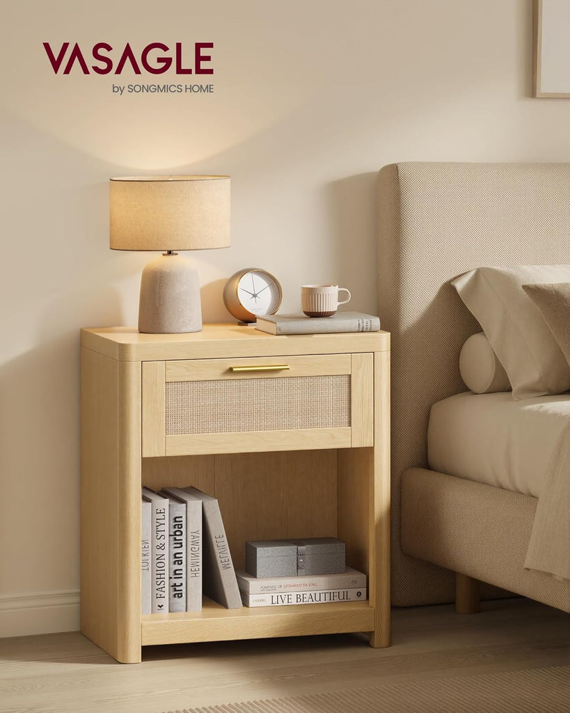 Boho Nightstands with Rattan-Look Drawer, Set of 2 Accent Side End Tables with Open Compartment, Rounded