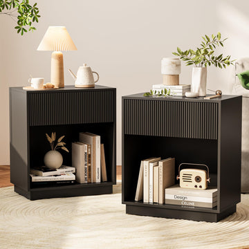 Fluted Nightstands Set of 2, Modern Bedside Table with Storage Drawer and Open Wood Shelf, Wood End Table Mid Century