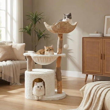 Modern Cat Tree for Large Cats, Wood Cat Tower for Indoor Cats, Real Branch Luxury Cat Furniture with Super Large