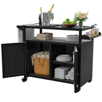 Outdoor Bar Table, Wicker Bar Cart with Cabinet, Patio Serving Cart with Tempered Glass Top, Lockable Wheels, Rounded