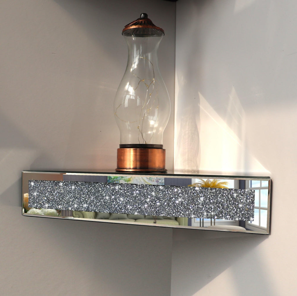 Mirrored Floating Corner Shelf Set of 2 - 11.8" Triangle Silver Mirror Crushed Diamond Wall Shelves Decor, Crystal