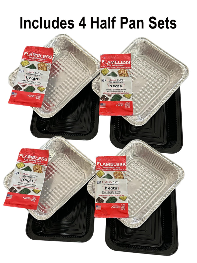 Self-Heating Buffet Kit - Flameless Food Warmer Set for Parties - Includes 4 Trays, 4 Half-Size Heat Pads & Foil Pans