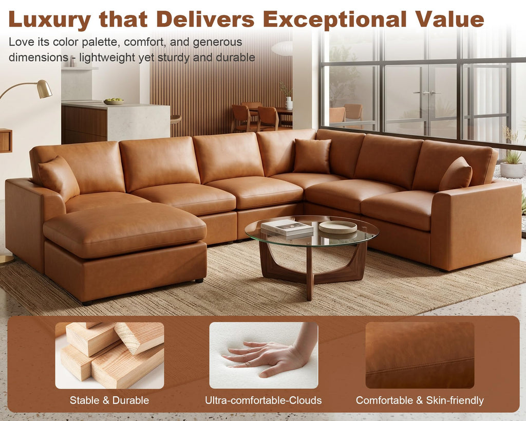 Oversized Leather Modular Sectional Sofa, Brown