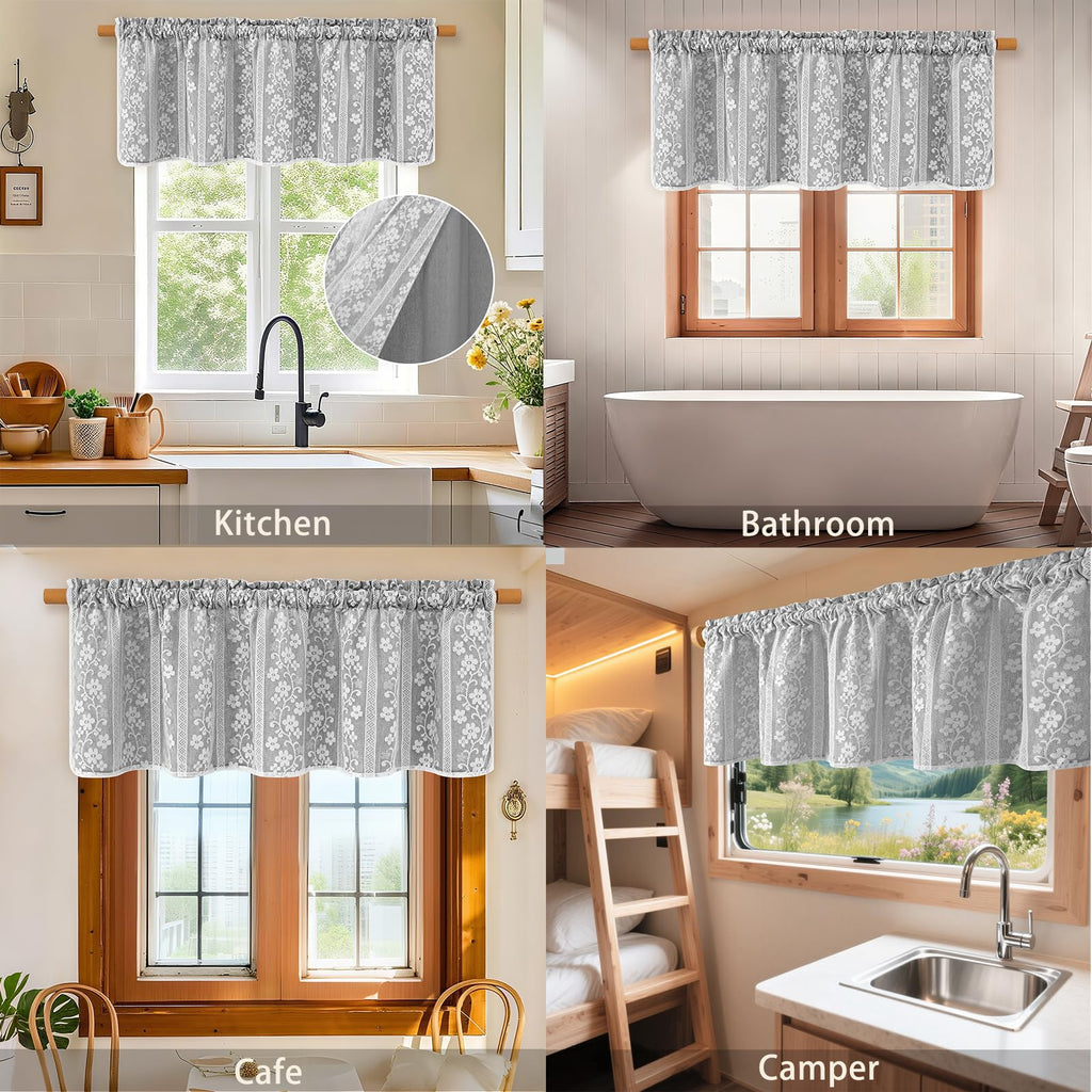 Linen Farmhouse Kitchen Curtains, Double Layered Valances for Windows with Linen and Lace, Rustic Curtains Window