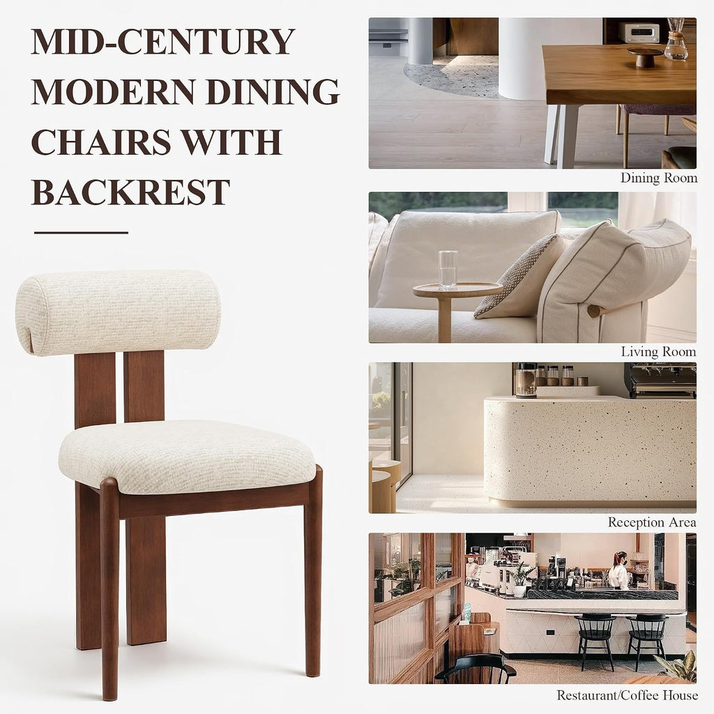 Modern Wooden Dining Chairs Set of 4, Upholstered Fabric Kitchen Chairs with Sculptural Backrest, Mid-Century