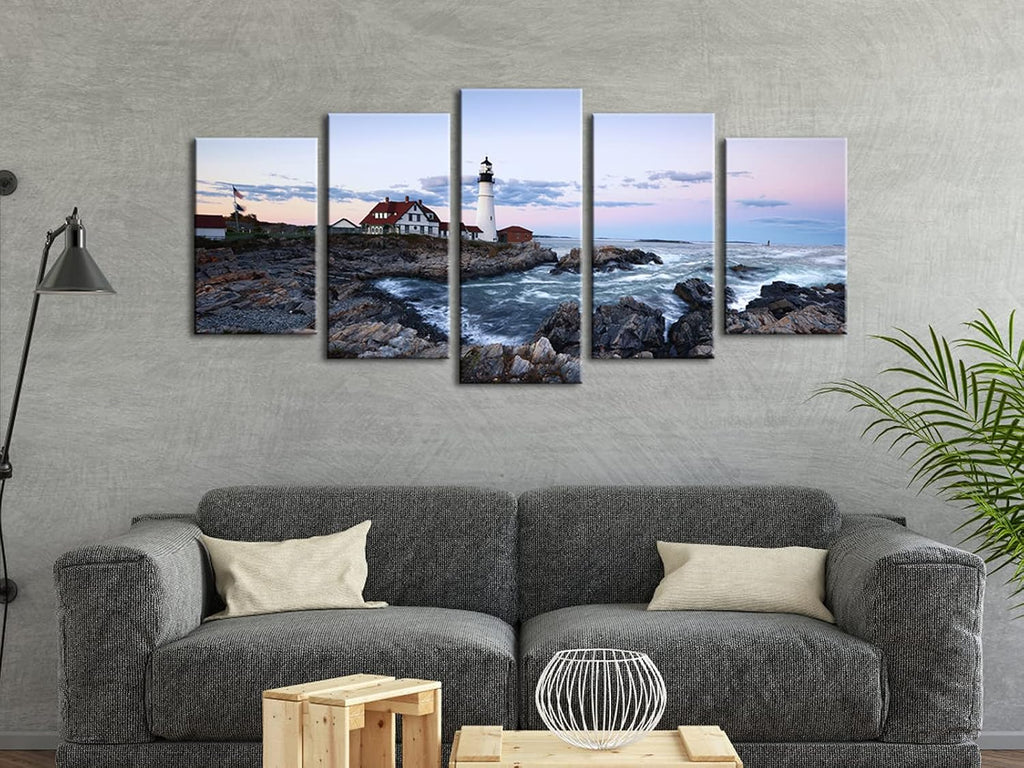 Portland Lighthouse 5 Panels Modern Canvas Prints Artwork Seascape Pictures to Photo Paintings on Stretched and