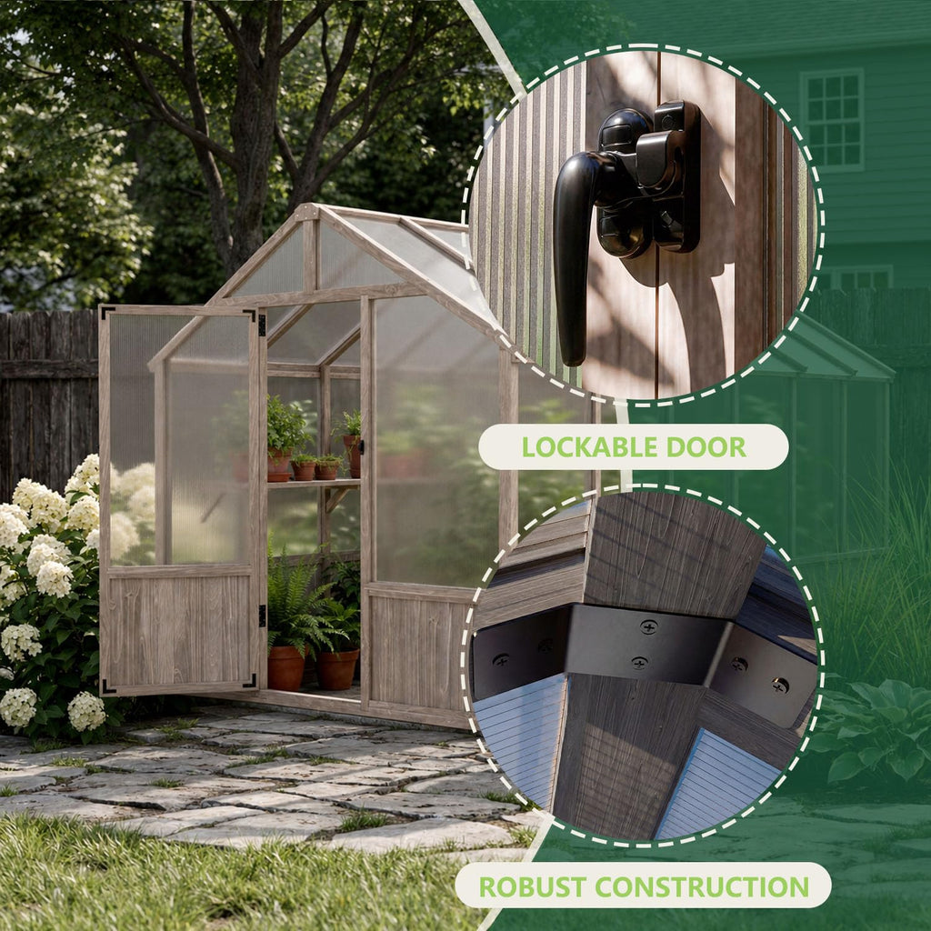 8x12 FT Wooden Outdoor Greenhouse, Polycarbonate Walk-in Greenhouse Kit with Ventilated Window & Lockable Door