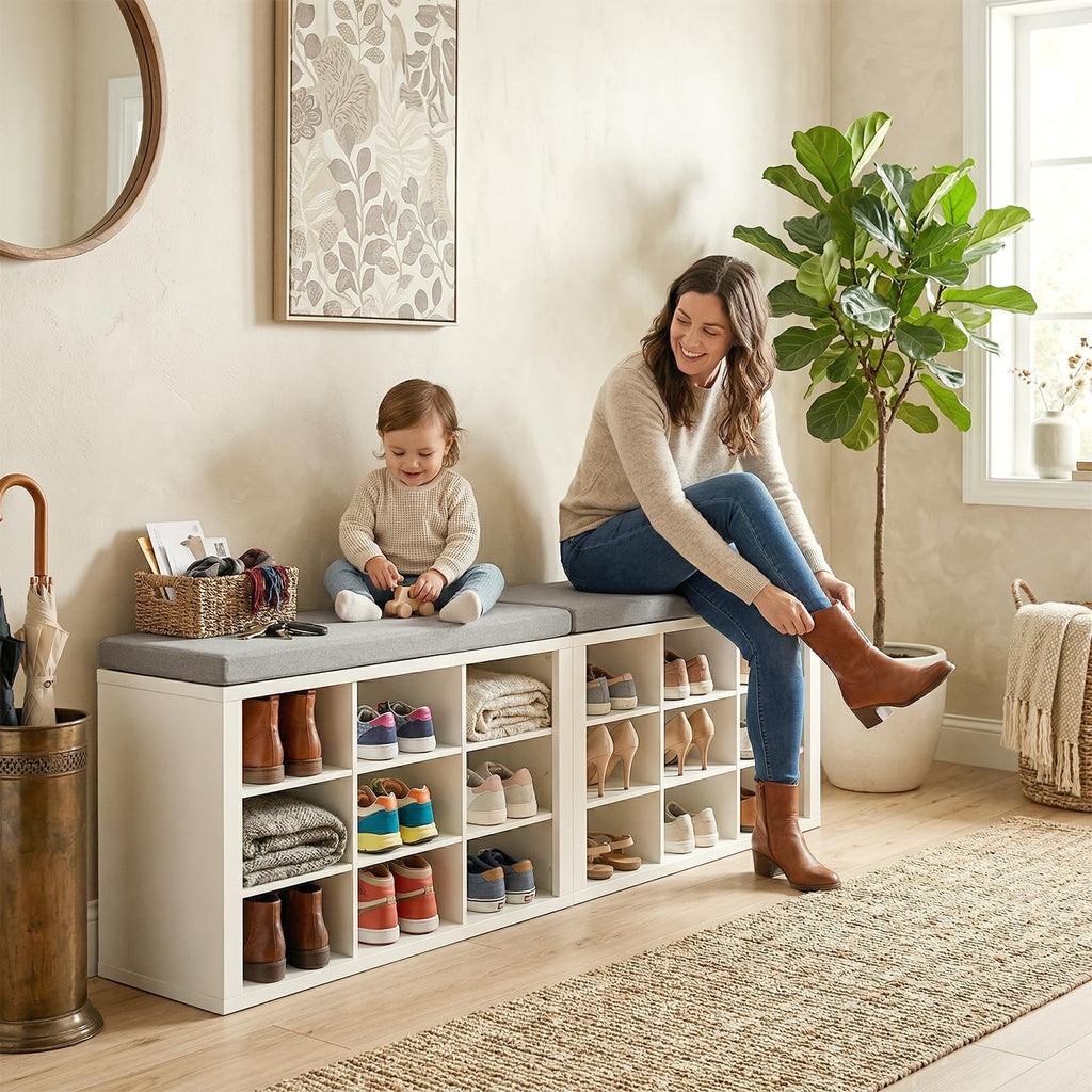 Shoe Rack Bench, Shoe Storage Bench with Cushion, Shoe Organizer 18 Cubbies Hallway Bedroom Living Room, Holds Up to