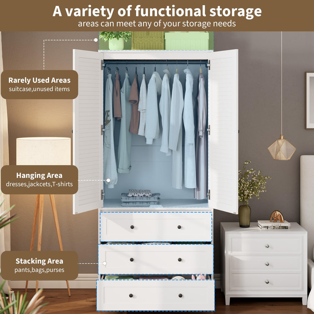 70" Wardrobe Armoire Wooden Closet with 3 Drawers, White