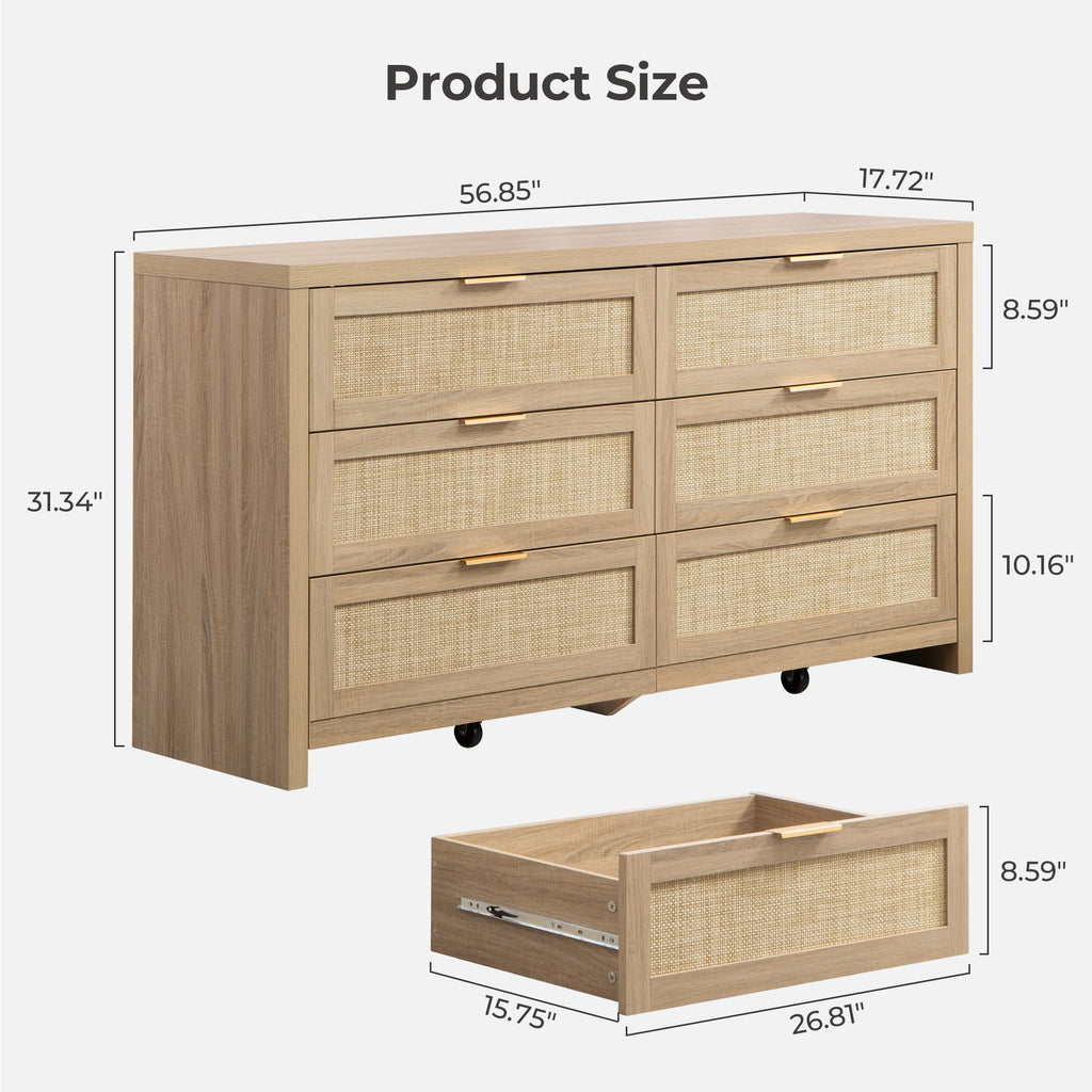 Rattan Dresser, 57" Wide 6 Drawer Dresser