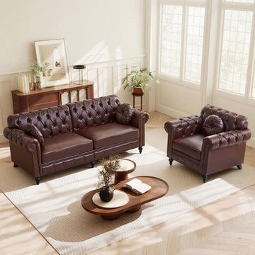 2 Pieces Living Room Furniture Set, High Back Modern Faux Leather Chair Loveseat Couch with Button Tufted, Nailhead