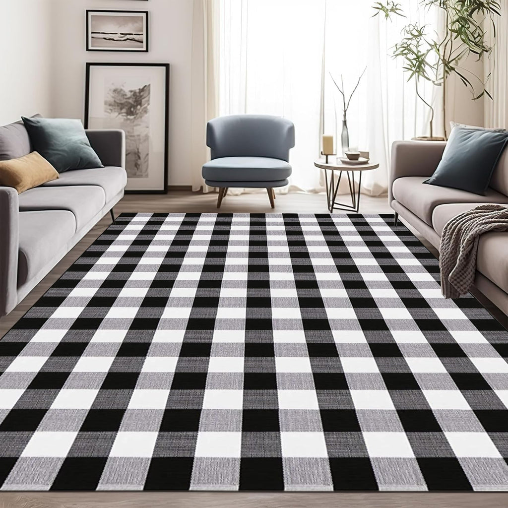 Buffalo Plaid Rug 5. .5'Black and White Area Rug,Washable Cotton Woven Indoor/Outdoor Rug for Farmhouse/Dining