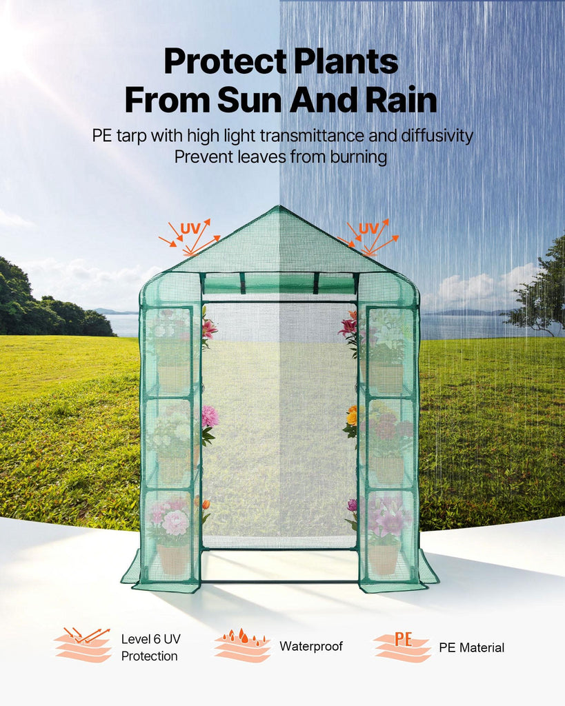 Walk-in Greenhouse, 55.5" x 28.3" x 78.7" Greenhouse for Outdoors with PE Cover, 2 Tiers 4 Shelves, Roll-Up Zipper