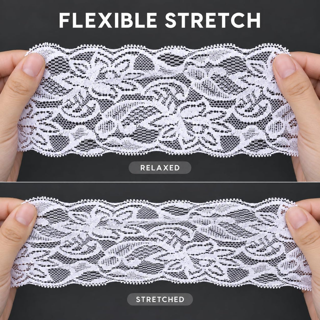 3 Inch Elastic Lace Trim, 10 Yards Floral Ribbon, Bleached White