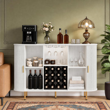 55" Wine Bar Cabinet with Storage, Fluted Liquor & Coffee Bar Cabinet with Wine Rack and Glass Holder, Buffet