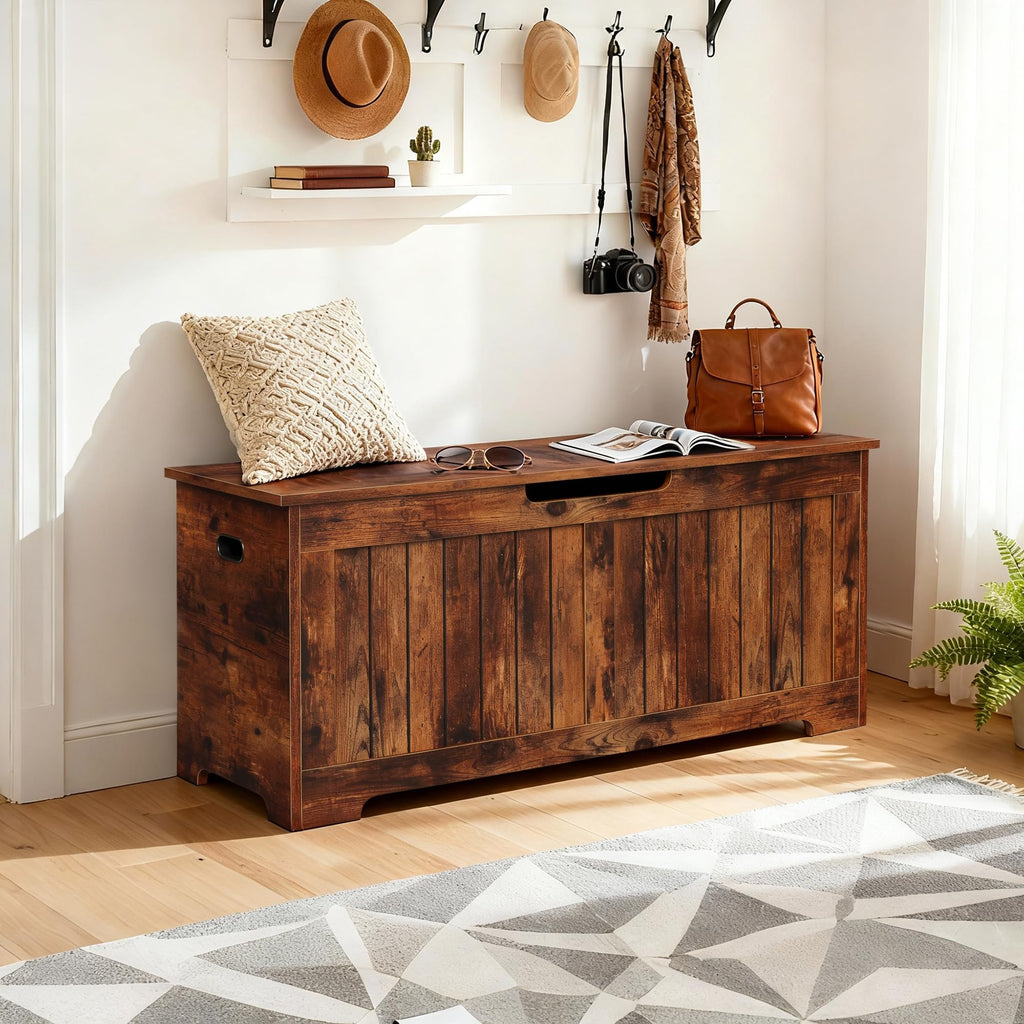 Storage Chest, Lift Top Storage Trunk, Entryway Shoe Bench, Wooden Storage Bench with 2 Safety Hinges (Rustic Brown