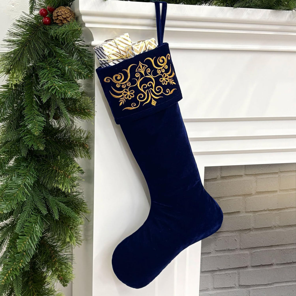 Set of 3 Velvet Christmas Stockings with Gold Damask Embroidery and Microfiber Lining, Oversized 24-Inch Cuff-to-Toe