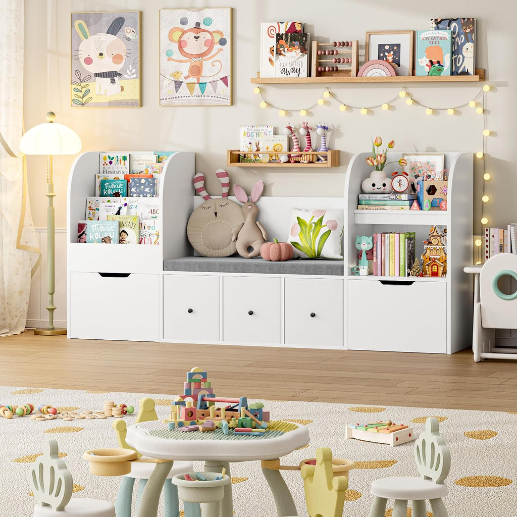 Kids Bookshelf with Reading Nook, Toy Organizer with Seat Cushion | 71'' Kids Bookshelf with 2 Movable Drawers and 3