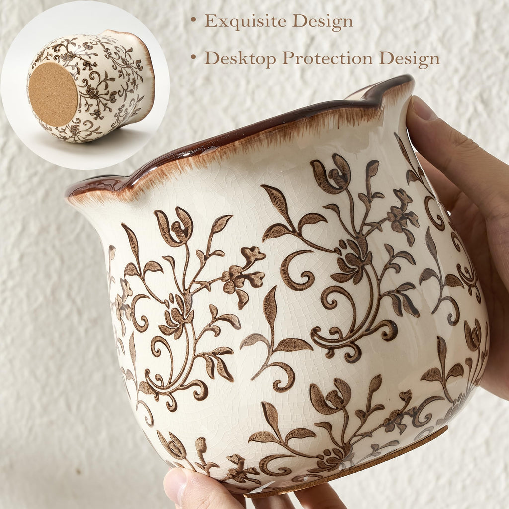 5.75" H Brown Wide Cooking Utensil Holder Counter, Modern Farmhouse Rustic Utensil Holder and Crock Home Kitchen