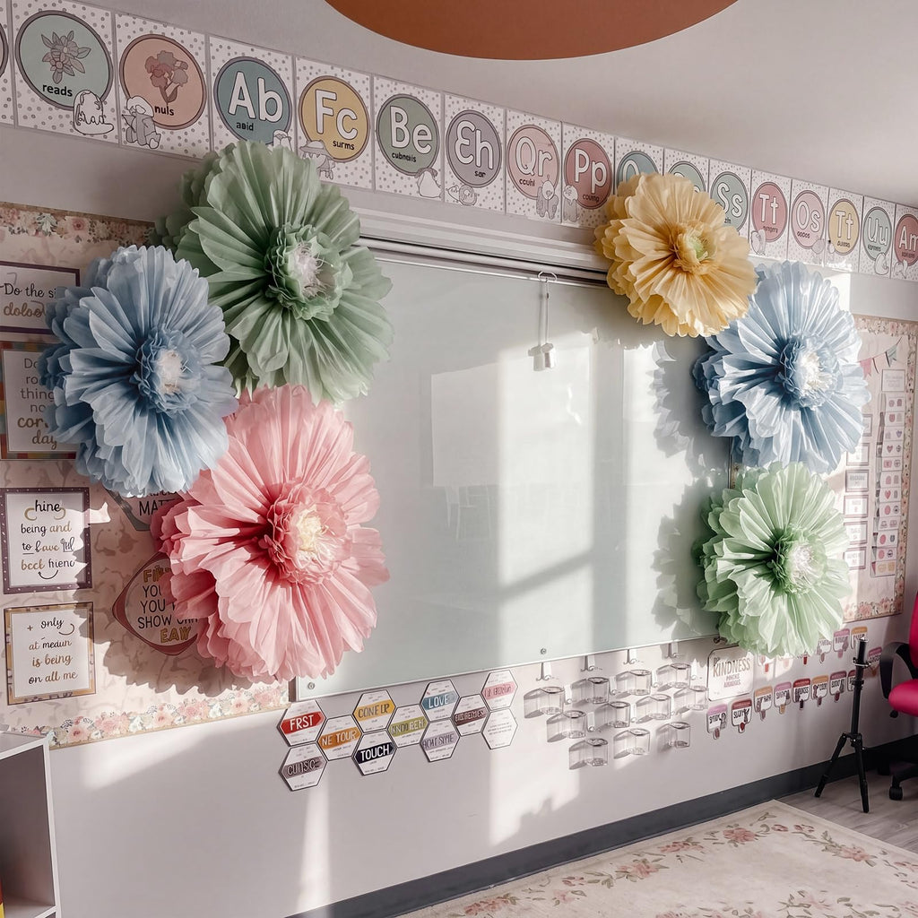 6 Pcs 31.5", 24" Boho Giant Paper Flower Morandi Back to School Bulletin Board Decoration Large Green Blue Classroom