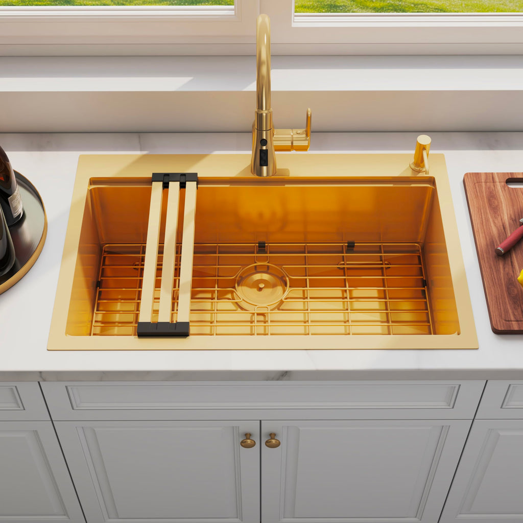 33 Inch Gold Drop In Single Bowl Workstation Handmade Kitchen Sink