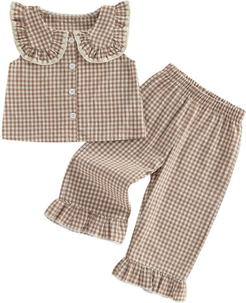 Girls Summer Outfits Ruffle Sleeve Button Up Dress Tops Plaid Linen Pants Spring Toddler Girl Clothes