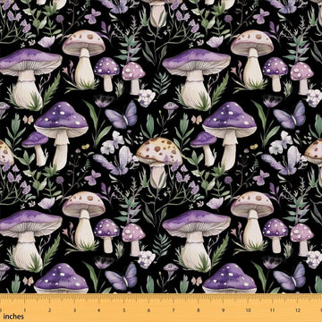 Purple Mushroom Upholstery Fabric Rustic Floral Aesthetic Butterfly Outdoor Fabric by The Yard 362"x63", Woodland