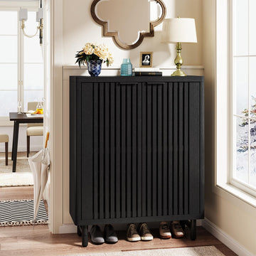 6-Tier Shoe Cabinet with Shutter Doors, Large Wooden Shoe Organizer Rack with Adjustable Shelves, Modern Farmhouse