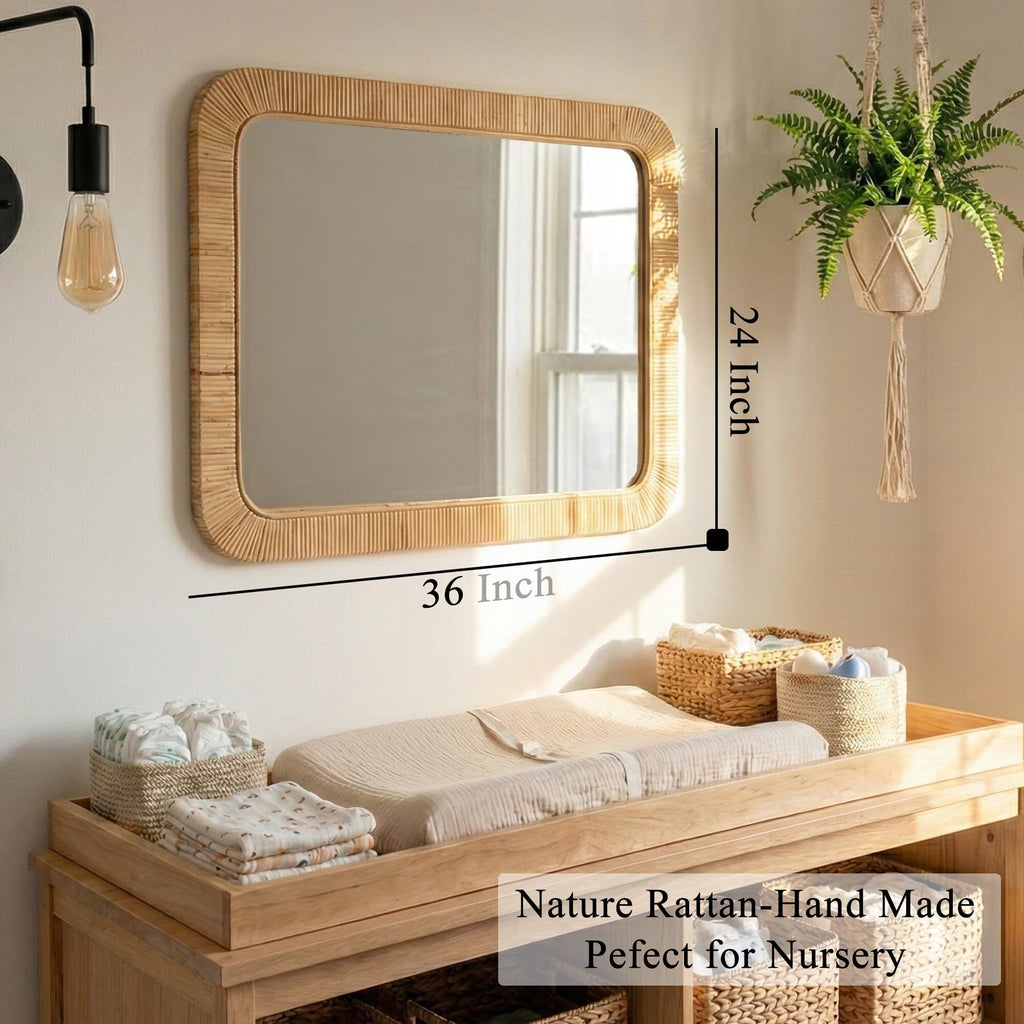 Rattan Rectangular Mirror 24x36, Boho Decorative Wall Mirror, Farmhouse Vanity Mirror Decor, Nursery & Children's