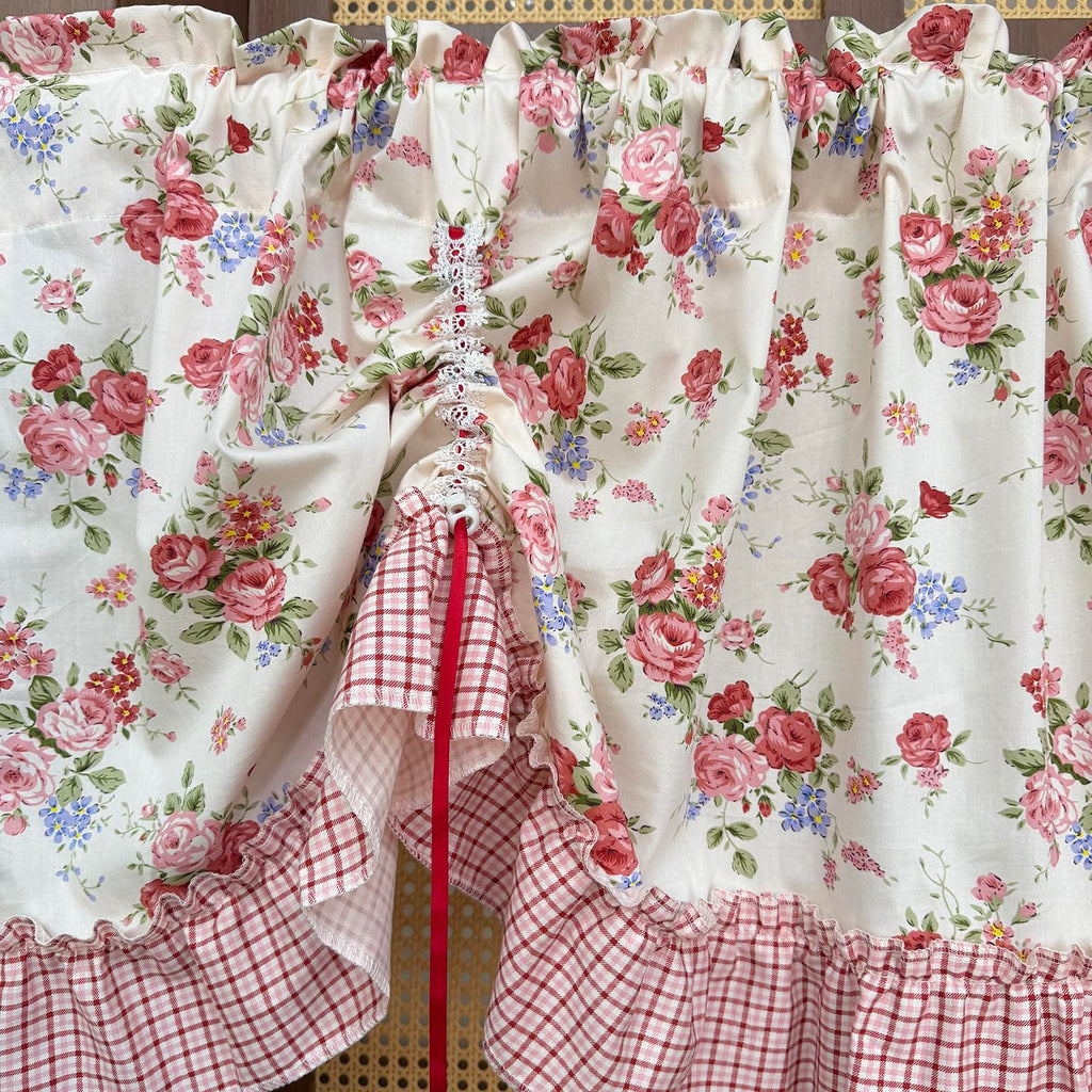 Country Rose Floral Valance Curtain Tie Up Gingham Ruffled Swag Rod Pocket