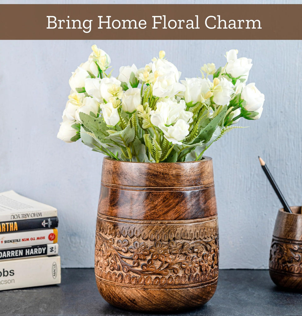 Rustic 7'' Large Utensil Holder, Wooden Kitchen Crock Brown