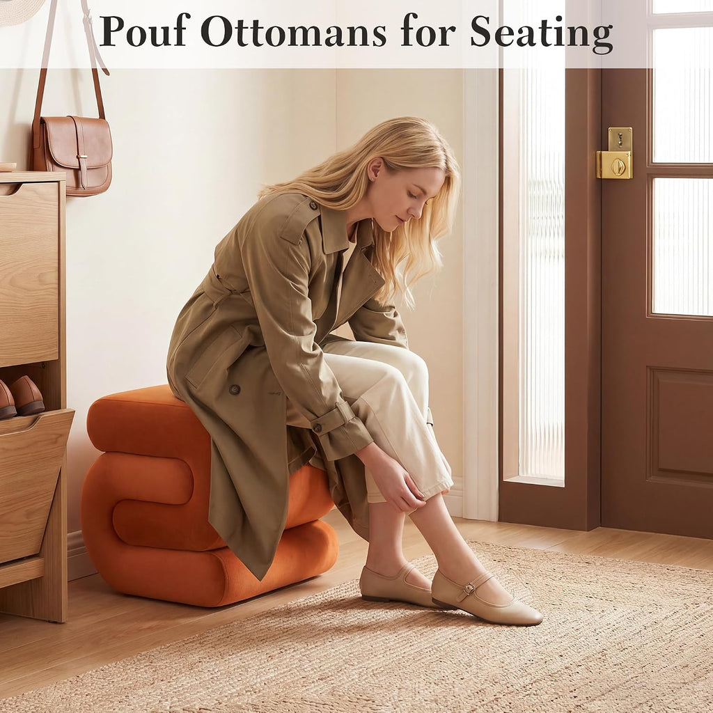 S Shape Modern Pouf Ottoman Vanity Stool, Velvet Orange | Footstool with Sponge Filling, No Assembly Required, Soft