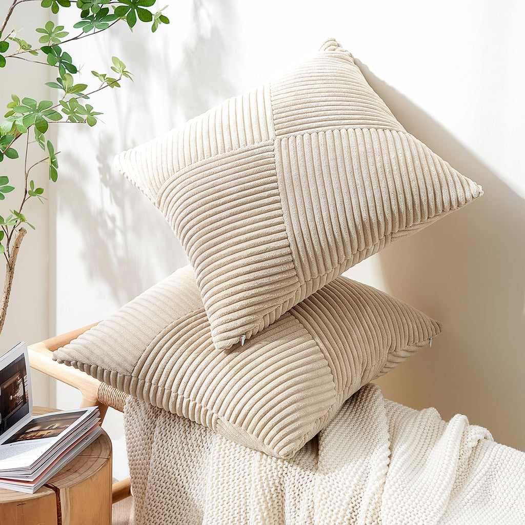 22x22 Pillow Covers Set of 2, Windmill Textured Striped Patchwork Tan Decorative Throw Pillow Covers Soft Corduroy