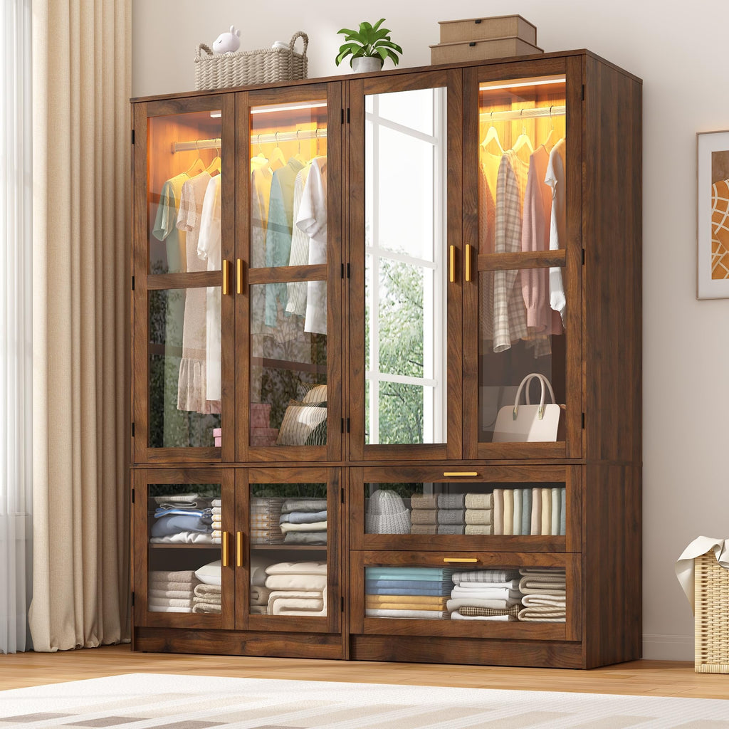 Armoire Wardrobe Closet with Sensor LED Light and Mirror