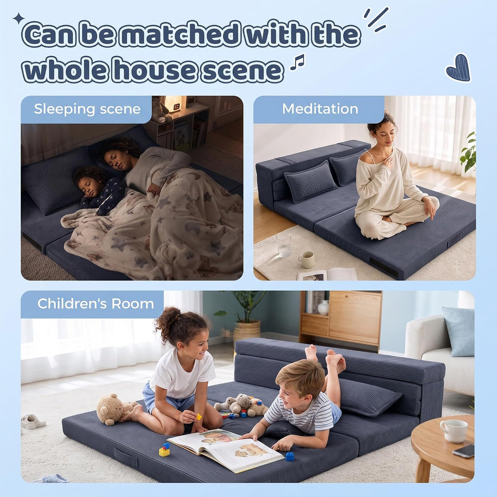 Tri-Fold Futon Mattress, Foldable Japanese Floor Sleep Mattress, High-Density Foam Tatami Bed Mat with Corduroy