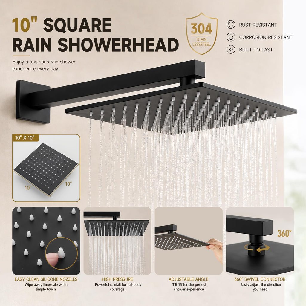 Shower System with Tub Spout, All Metal Black Bathtub Shower Faucet Set with High Pressure 10 Inch Rain Shower Head