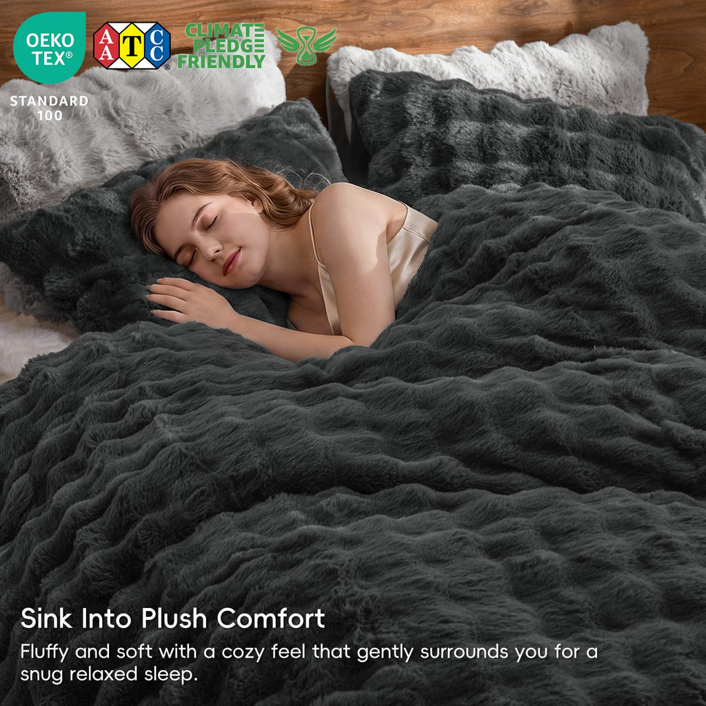 Fluffy Rabbit Faux Fur Duvet Cover Set, Black Oyster