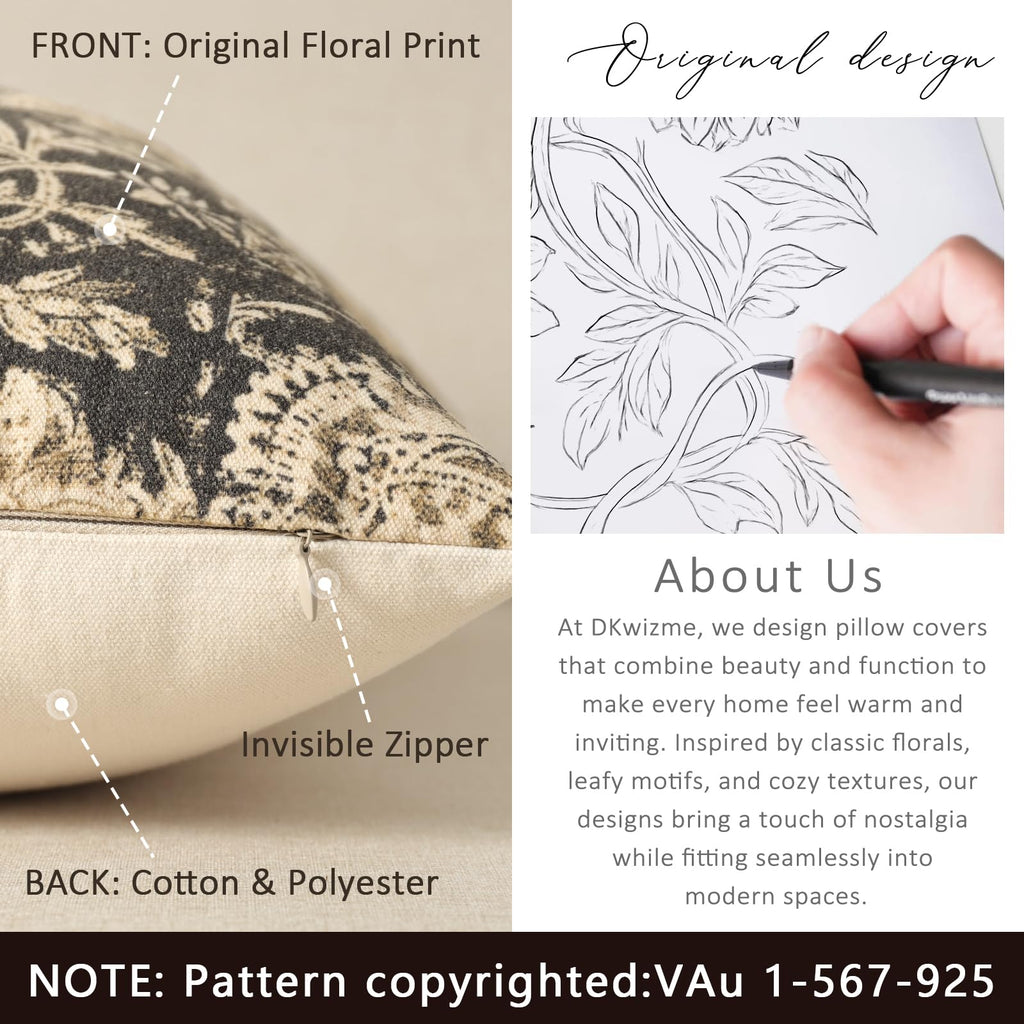 Vintage Floral Print Throw Pillow Covers 12x20 Set of 2 Neutral Modern Farmhouse Pillow Cases Accent Decorative