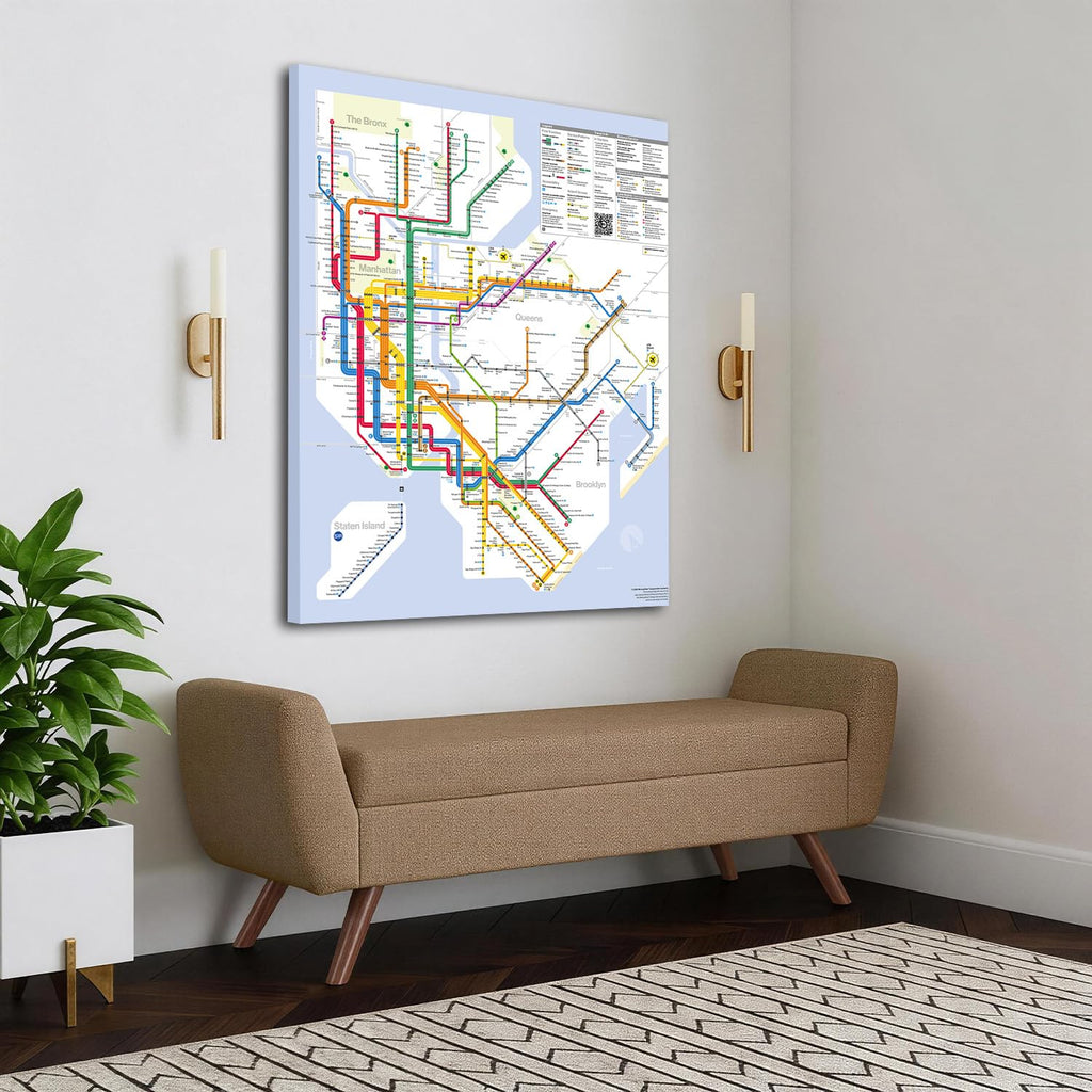 York City Subway Map Canvas Wall, Modern NYC MTA System Transit Map Print, Minimalist Wall Decor, Framed Ready