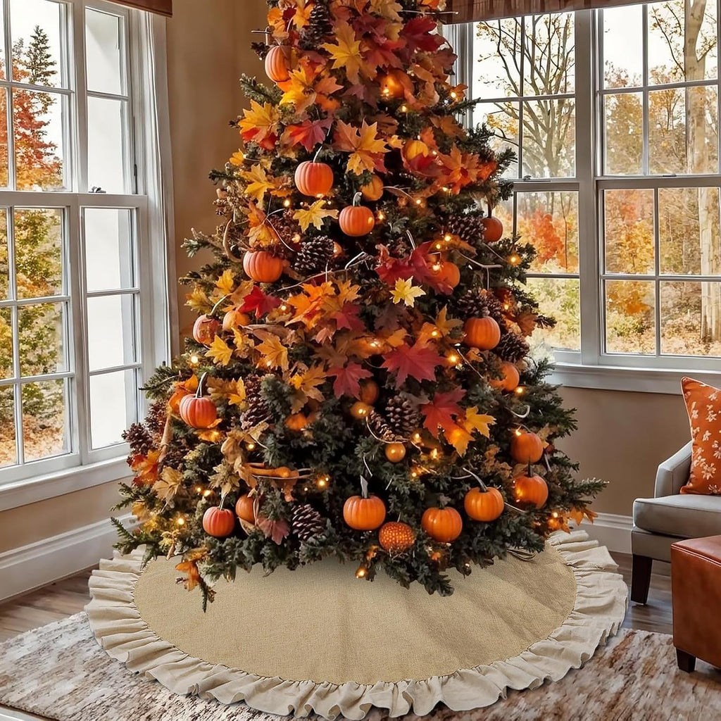 Burlap Fall Christmas Tree Skirt with Ruffle, 48'' Large Tree Decorations